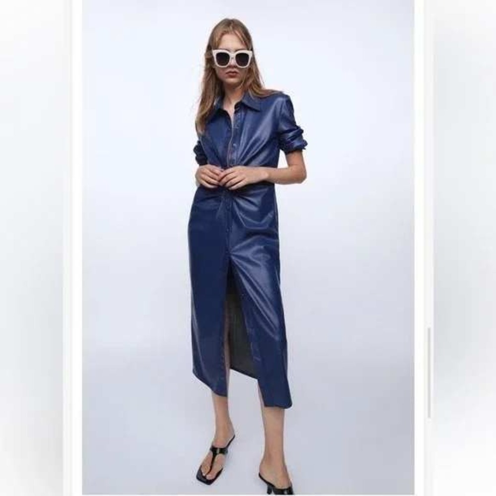 NWT Zara Snap Front Ruched Faux Leather Midi Shirt Dress Blue XS
